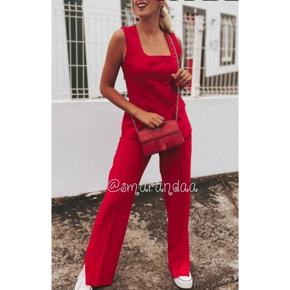 Zara 2 PC Set Lined Button Vest & Pants Red - Picture 7 of 16